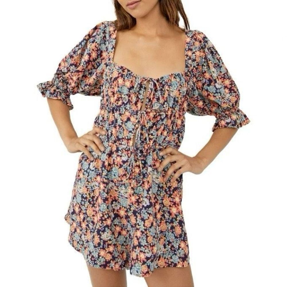 Free People Show Me Love Linen Blend Tie Front Puff Sleeve Floral Print Romper |